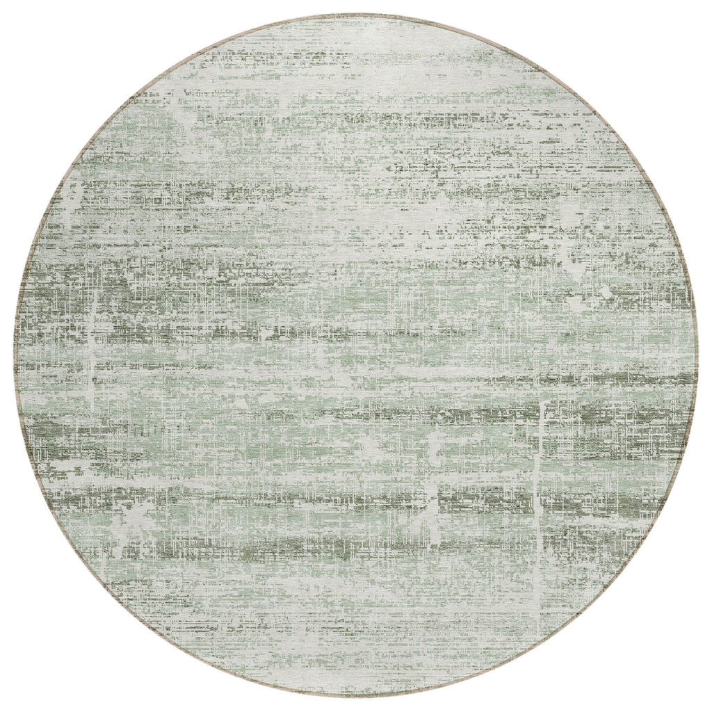 8' Sage Artichoke Green And Ivory Round Abstract Washable Indoor Outdoor Area Rug