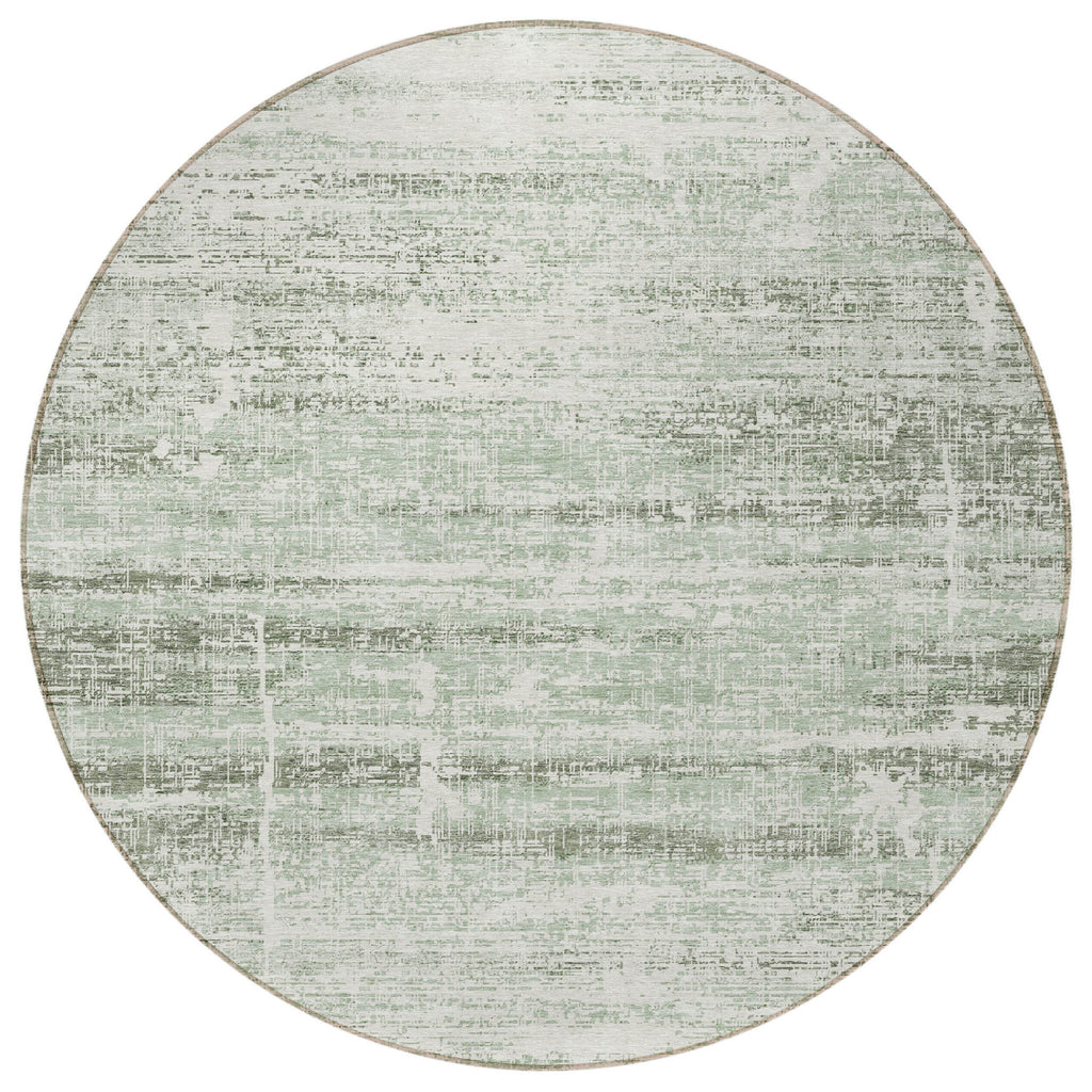 8' Sage Artichoke Green And Ivory Round Abstract Washable Indoor Outdoor Area Rug