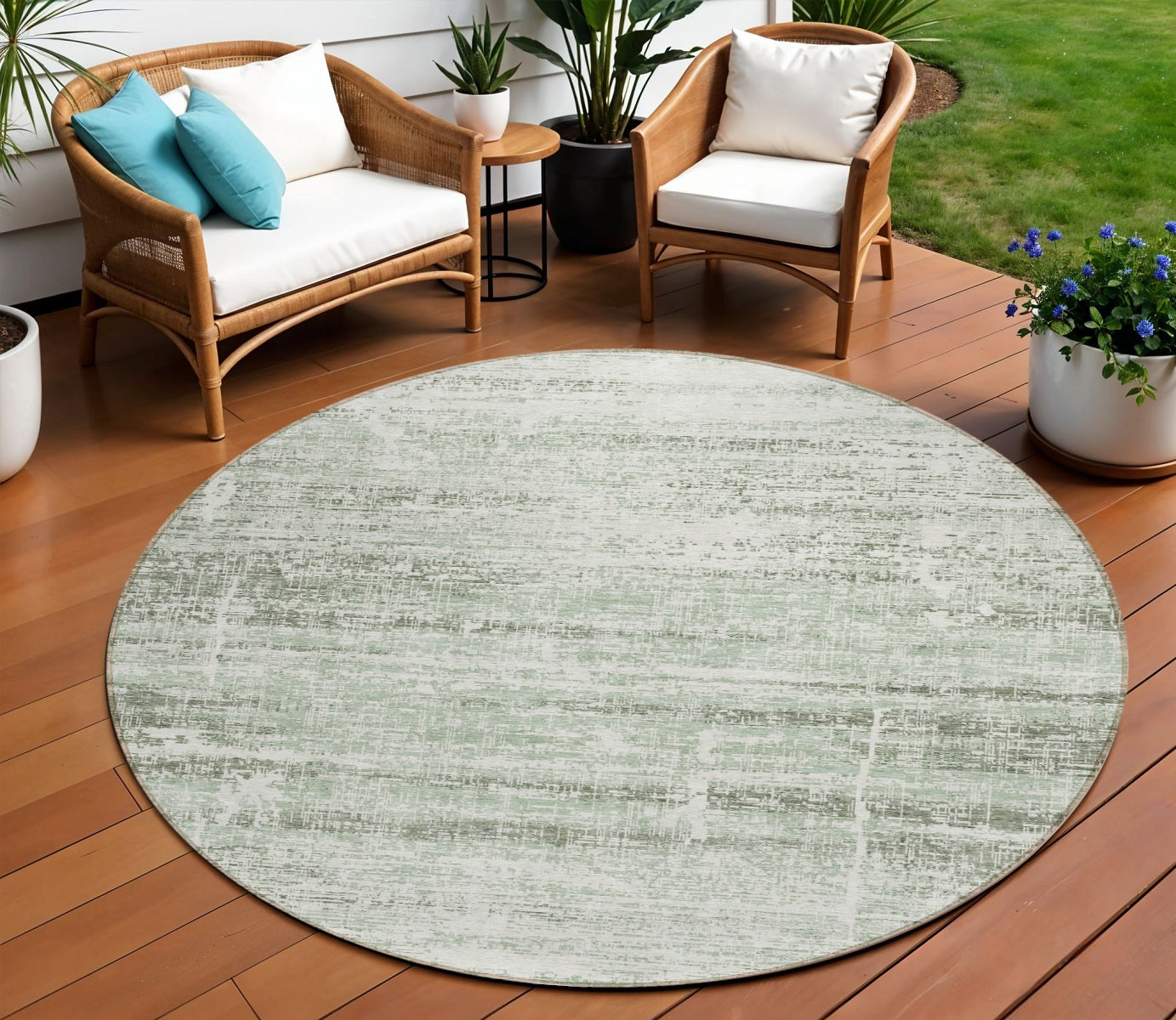 8' Sage Artichoke Green And Ivory Round Abstract Washable Indoor Outdoor Area Rug