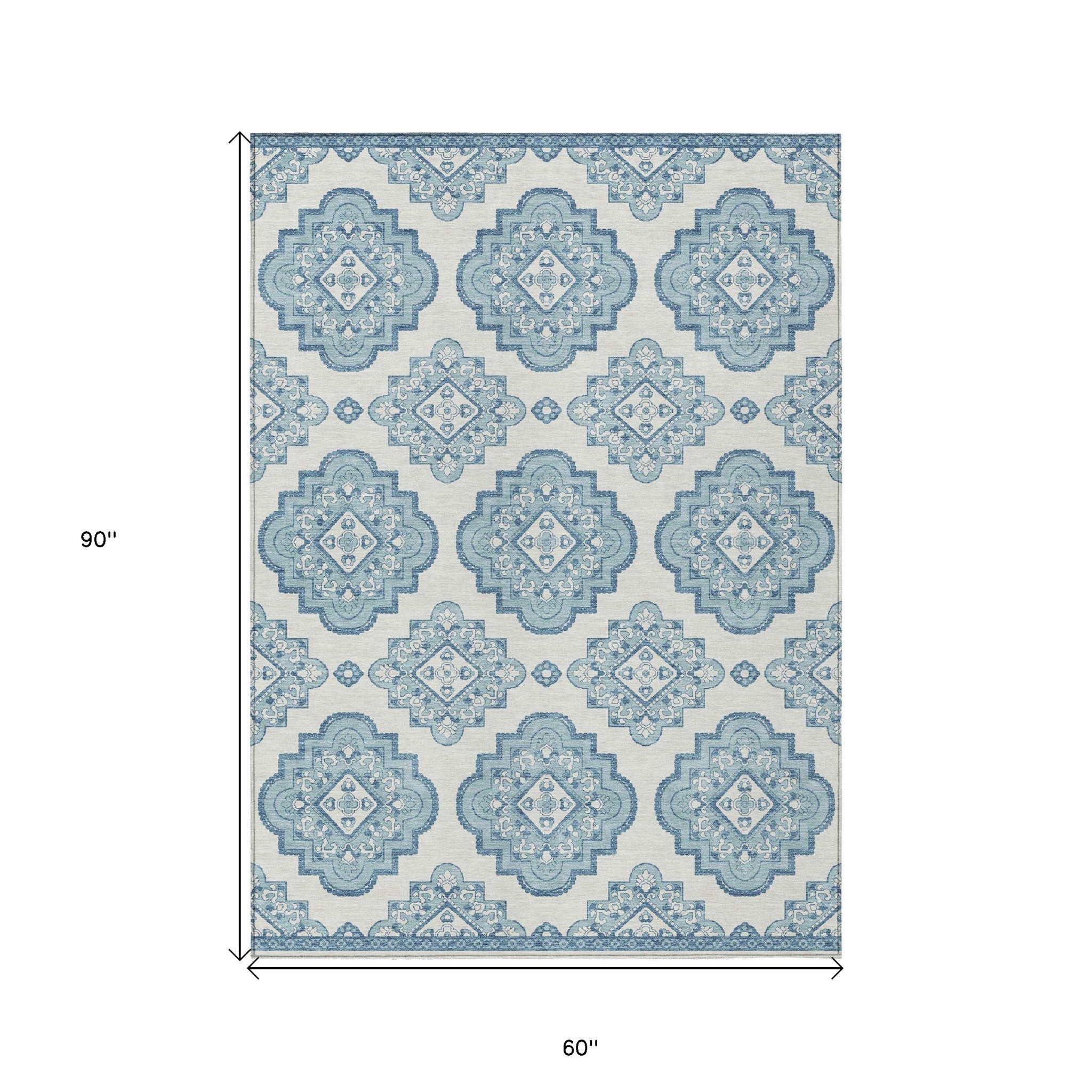 5' X 8' Teal Blue And Ivory Medallion Washable Indoor Outdoor Area Rug