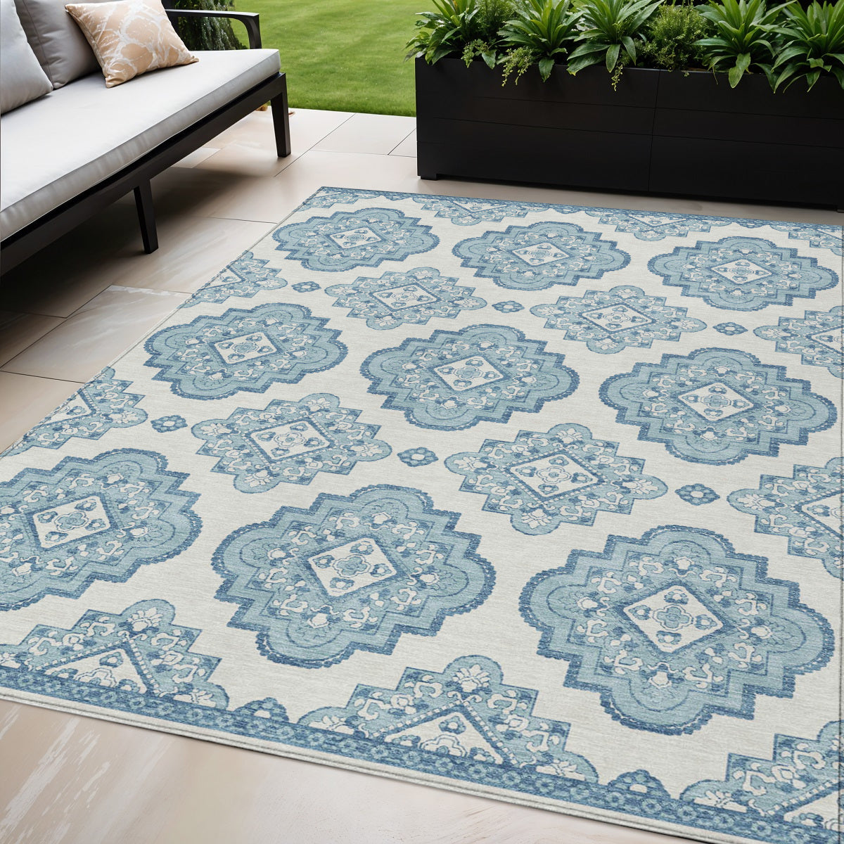 5' X 8' Teal Blue And Ivory Medallion Washable Indoor Outdoor Area Rug