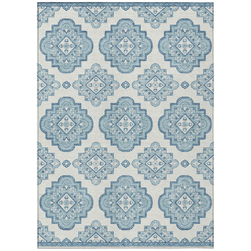 5' X 8' Teal Blue And Ivory Medallion Washable Indoor Outdoor Area Rug