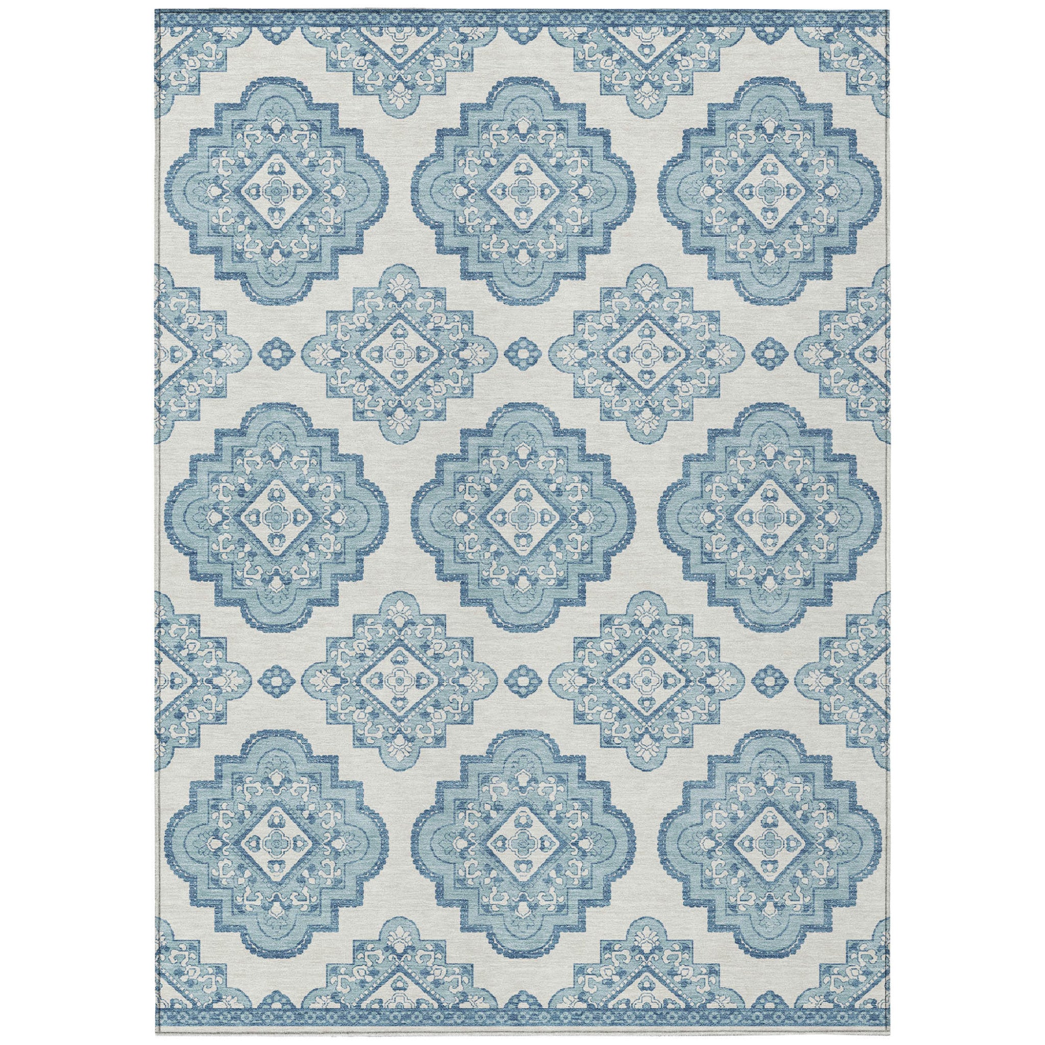 5' X 8' Teal Blue And Ivory Medallion Washable Indoor Outdoor Area Rug