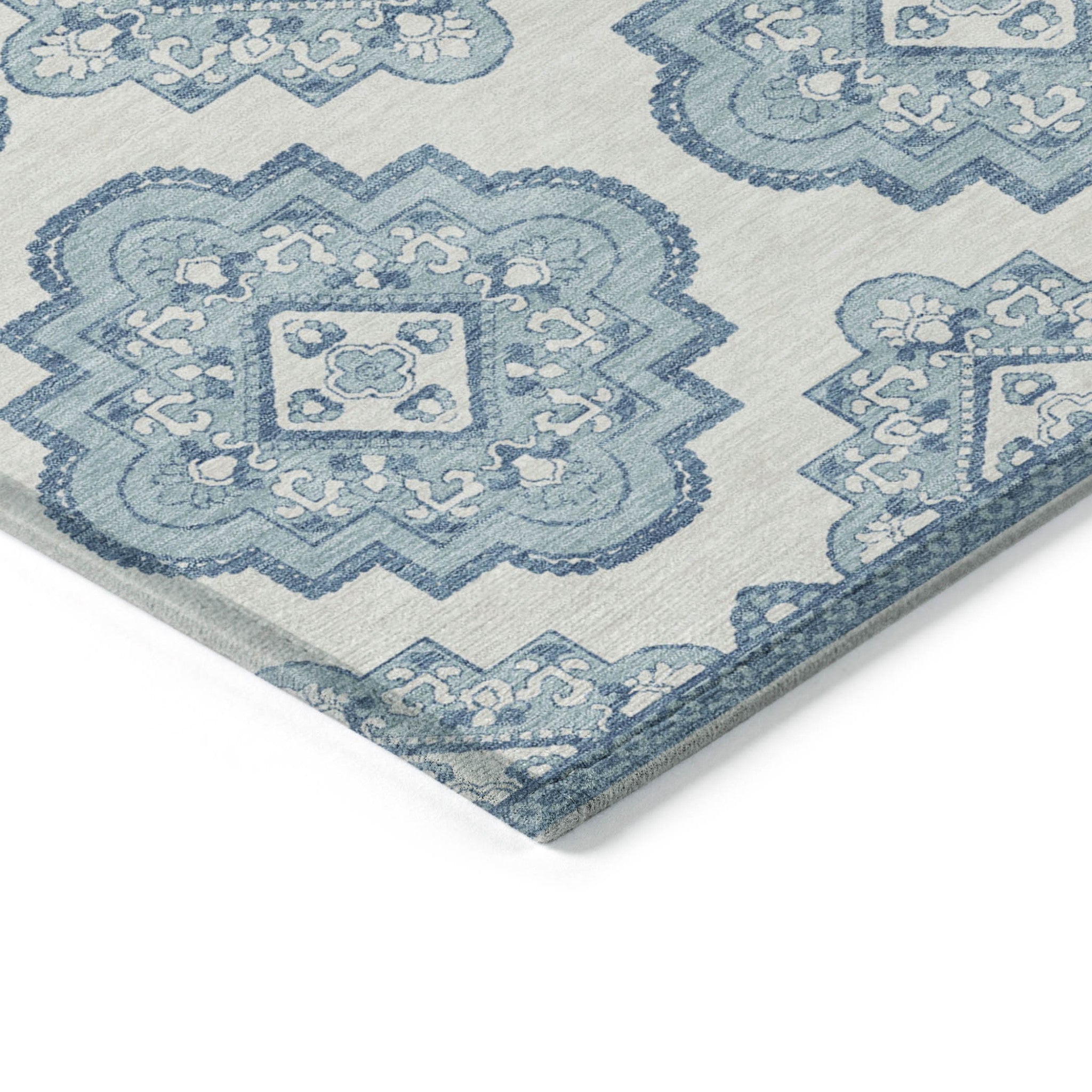 5' X 8' Teal Blue And Ivory Medallion Washable Indoor Outdoor Area Rug
