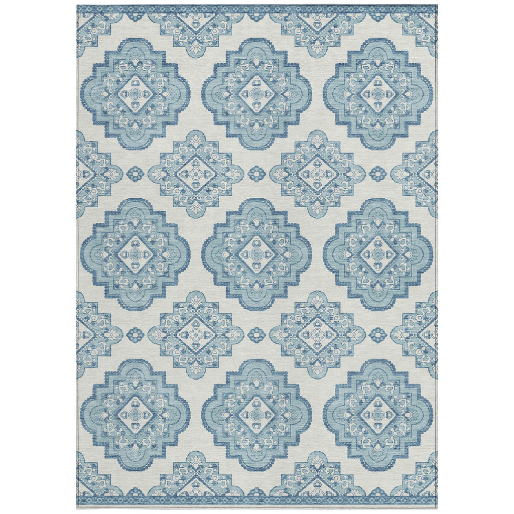 5' X 8' Teal Blue And Ivory Medallion Washable Indoor Outdoor Area Rug