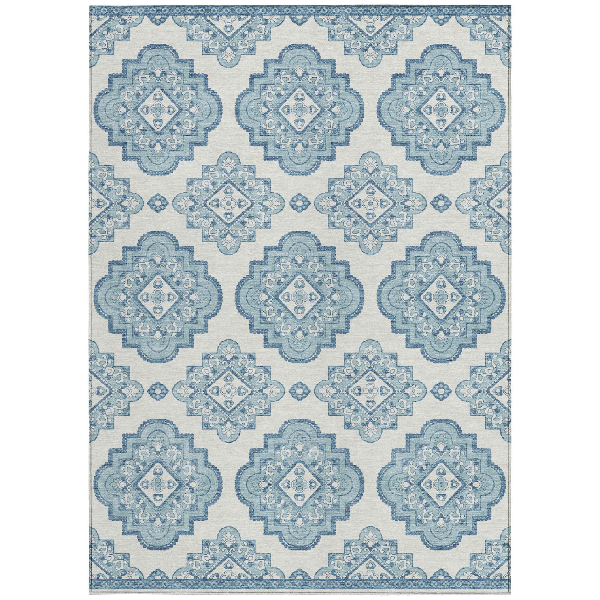 5' X 8' Teal Blue And Ivory Medallion Washable Indoor Outdoor Area Rug