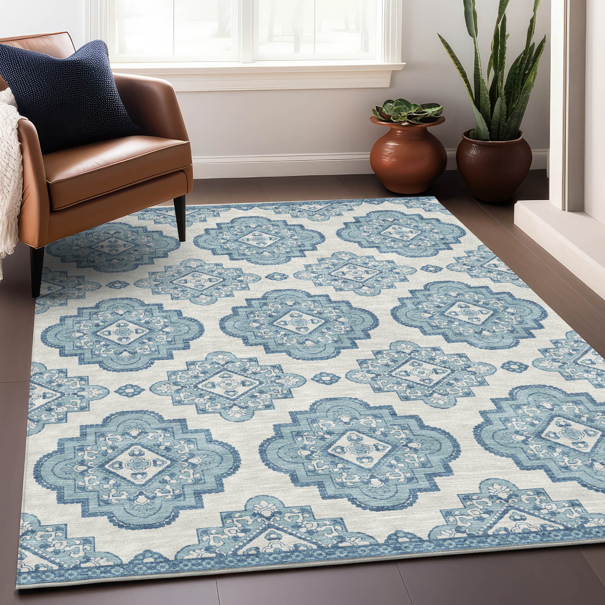 5' X 8' Teal Blue And Ivory Medallion Washable Indoor Outdoor Area Rug