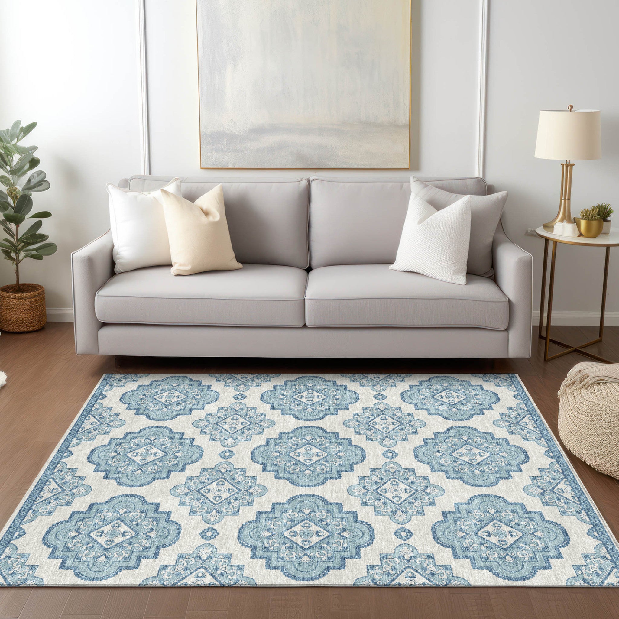 5' X 8' Teal Blue And Ivory Medallion Washable Indoor Outdoor Area Rug